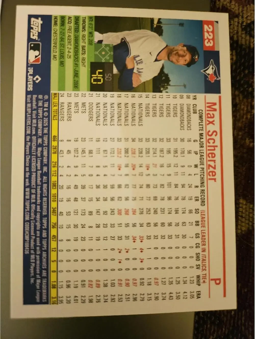 Max Scherzer - 2025 Topps Archives #223 - Blue Jays - RAW mint